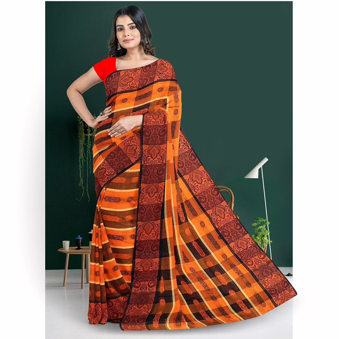 This is an image of a black and orange  tangail saree 