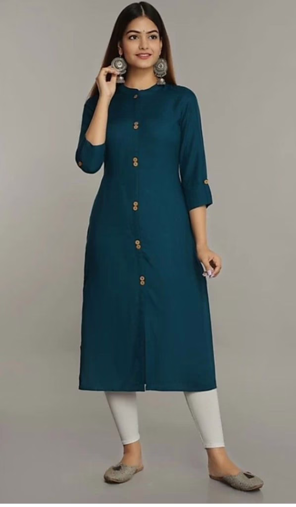 This image displays a woman wearing a stratight cut Kurti in blue