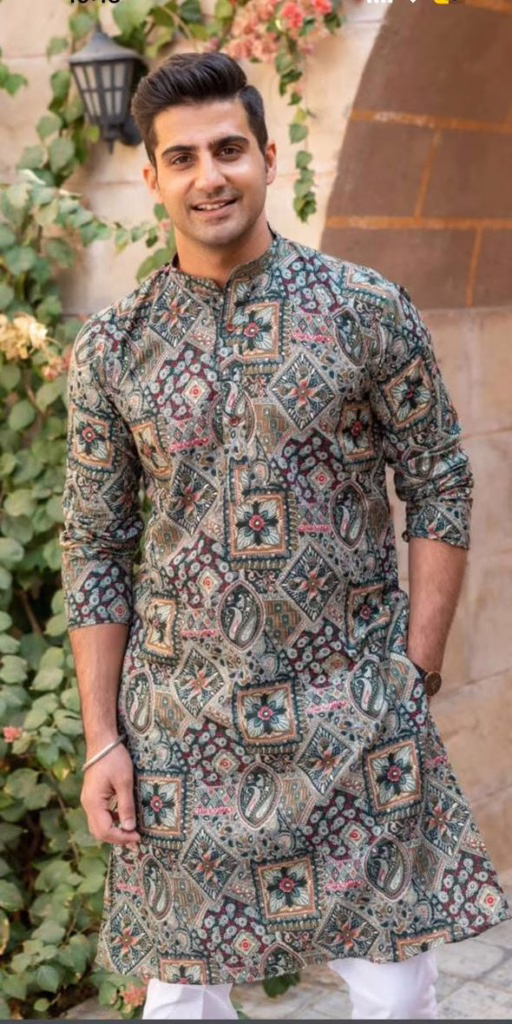 5 Indian Ethnic Wear Kurtas Every Man Should Have 4 5 Indian Ethnic Wear Kurtas Every Man Should Have Printed kurta featuring traditional patterns, showcasing ethnic wear kurtis with a comfortable fit and classic Indian style.