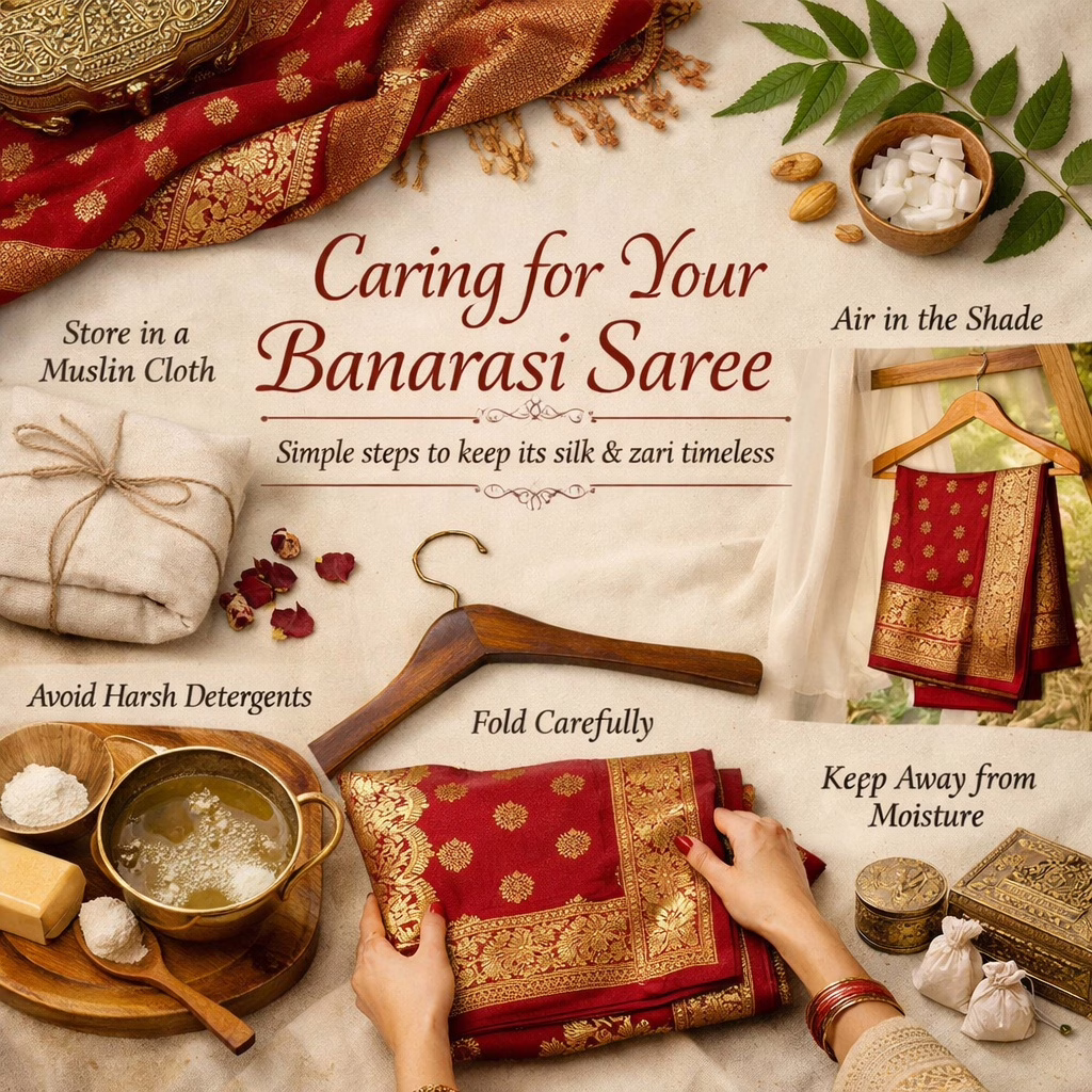 This is an image which gives you simple tips on how to take care of a Benarasi saree 
