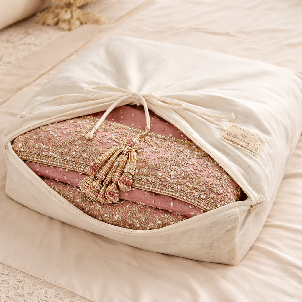 Your bridal lehenga should never be packed in plastic bags.