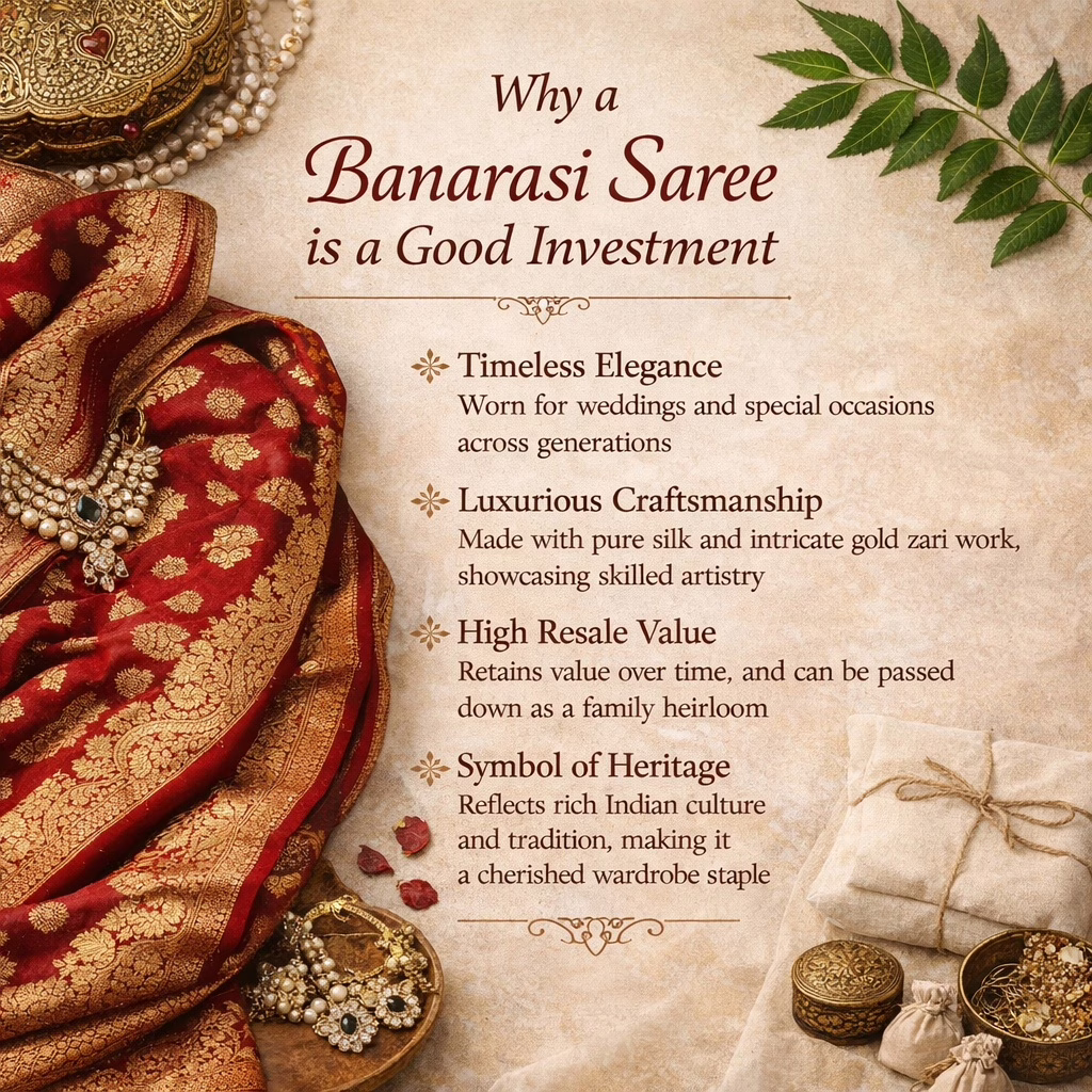 This is an image saying why the Benarasi saree is a good investment