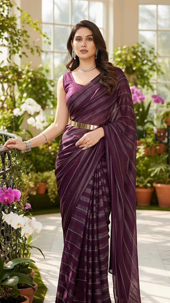 A woman wearing a deep purple saree with subtle shimmer stripes, styled with a sleeveless blouse, statement earrings, and a metallic belt. She is posing in a beautiful garden filled with flowers and greenery.