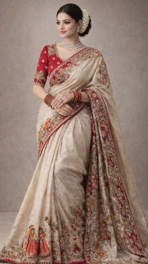 Ivory Zardozi saree featuring intricate floral hand embroidery, ornate border detailing, and traditional Indian craftsmanship for bridal and festive wear.