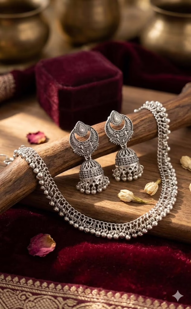 Oxidised silver necklace and jhumka earrings set with intricate traditional Indian craftsmanship displayed on a rustic wooden surface- a must wear for Rath Yatra
