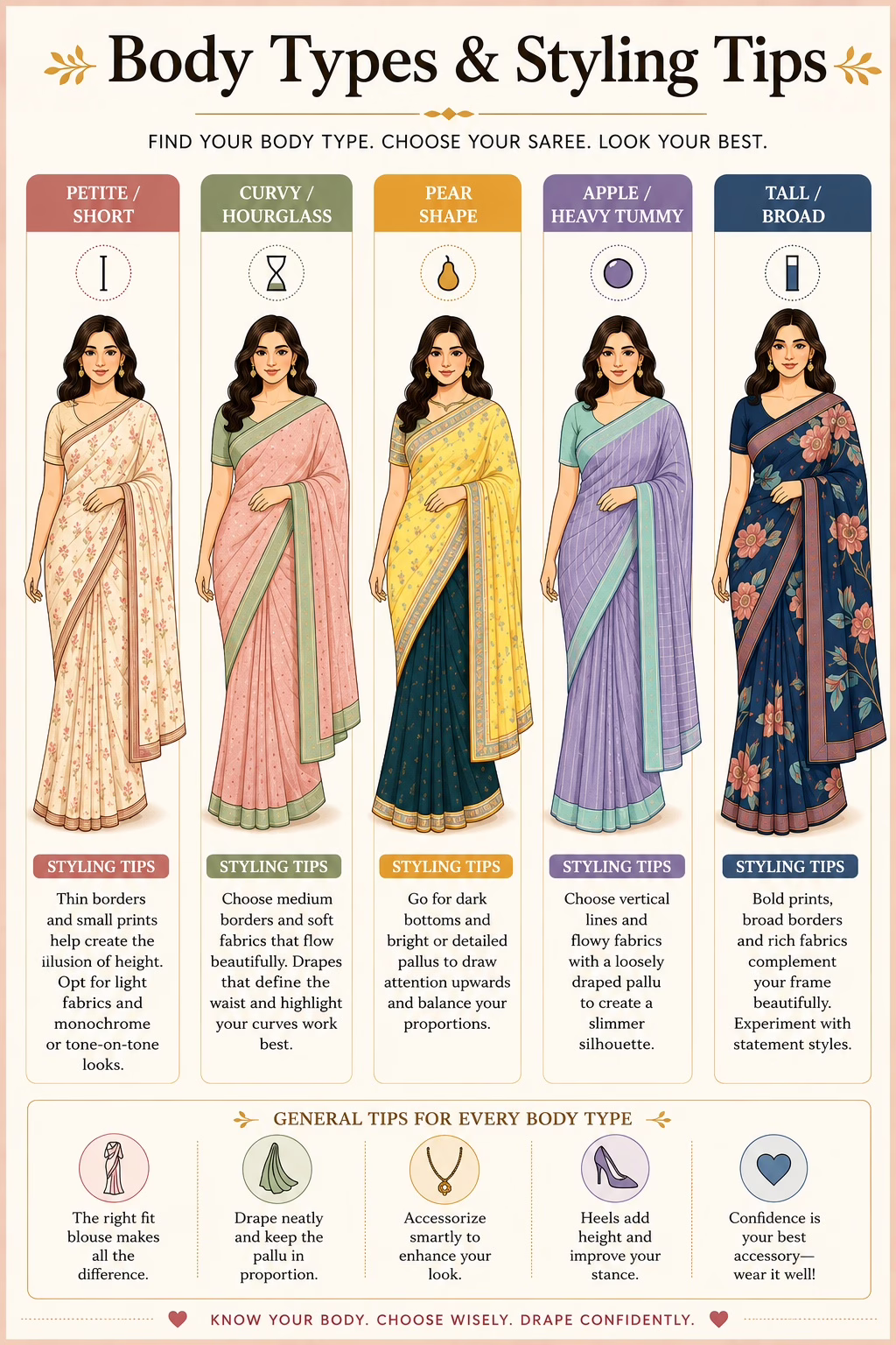 10 Saree Mistakes That Beginners Make & How To Avoid Them 2 10 Saree Mistakes That Beginners Make & How To Avoid Them Saree Mistakes: This is an infographic where you should wear your saree as per your body type