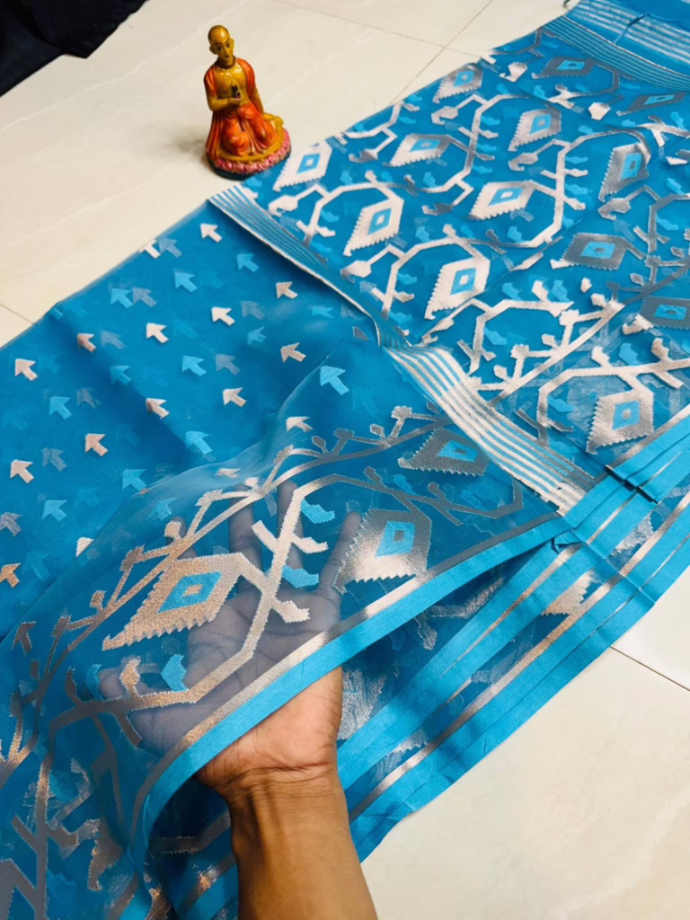 Jamdani Sarees: How Do Perfumes and Deodorants Harm Them 2 Jamdani Sarees: How Do Perfumes and Deodorants Harm Them Azure blue jamdani with white and silver motifs