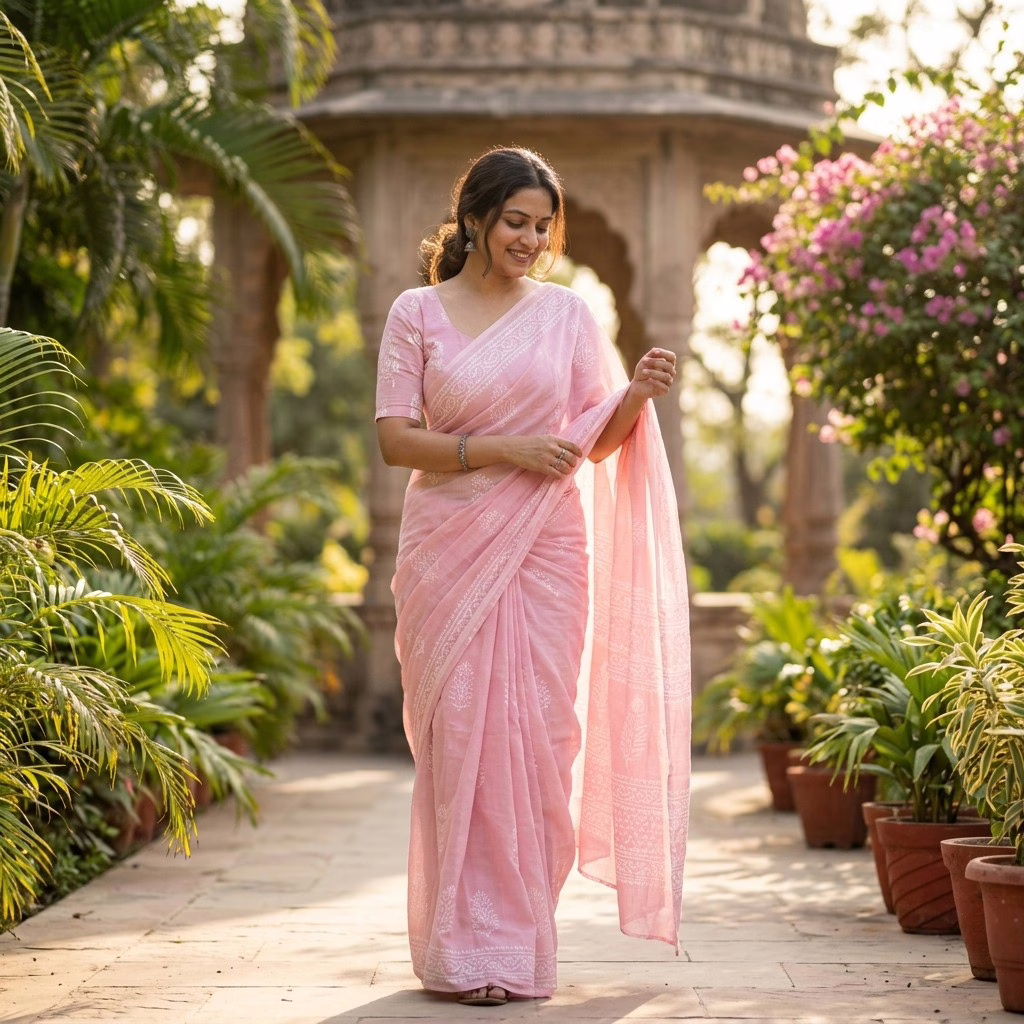 Mulmul: 5 Top Reasons to Embrace This Super Cool Summer Fabric 5 Mulmul: 5 Top Reasons to Embrace This Super Cool Summer Fabric Woman walking through a garden pathway wearing a pastel pink Mulmul saree with delicate traditional motifs.