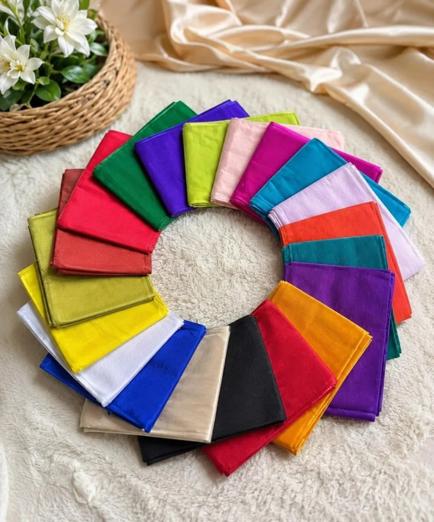 5 Super Simple Tips to Choose Your Saree Fall for the Perfect Drape 3 5 Super Simple Tips to Choose Your Saree Fall for the Perfect Drape A set of colorful saree fall fabrics arranged in a circular pattern