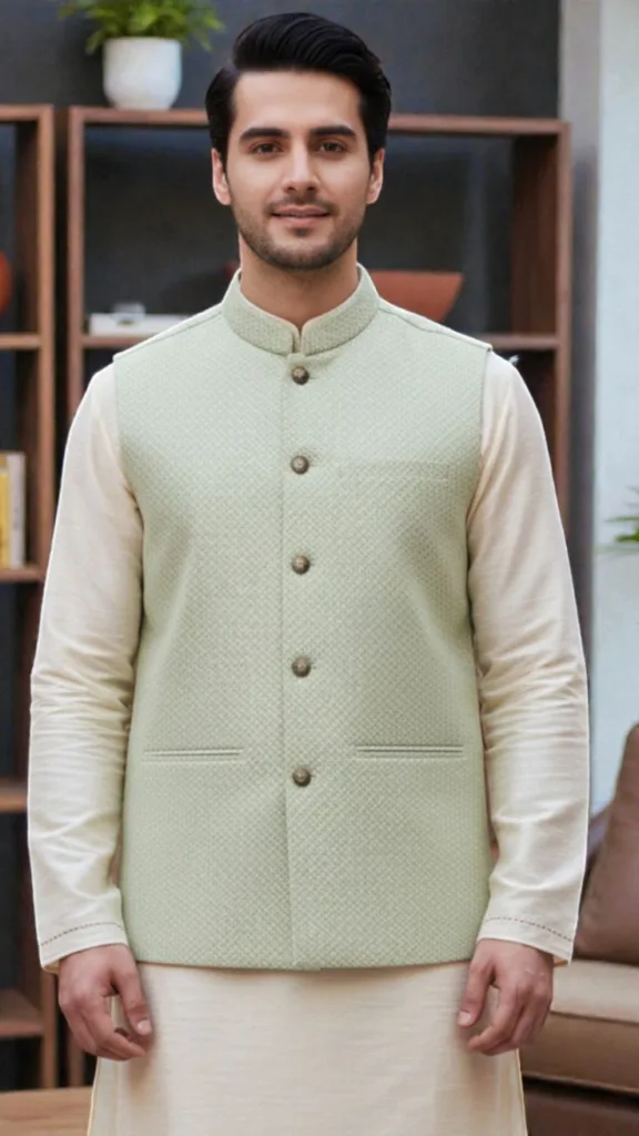 A man wearing a cotton Modi Jacket.