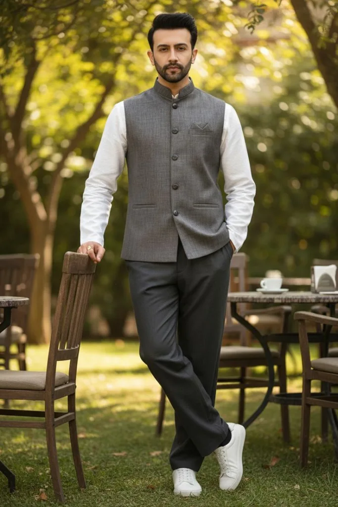 A man wearing a complete dress  along with Nehru Jacket