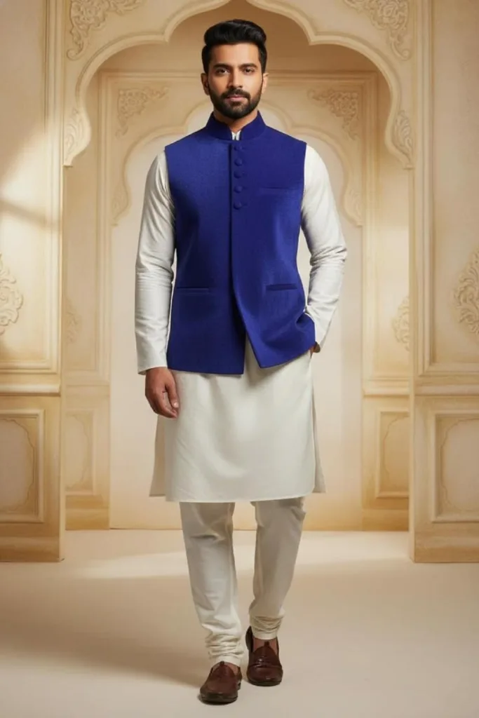 A man in White Kurta with blue colored Nehru Jacket