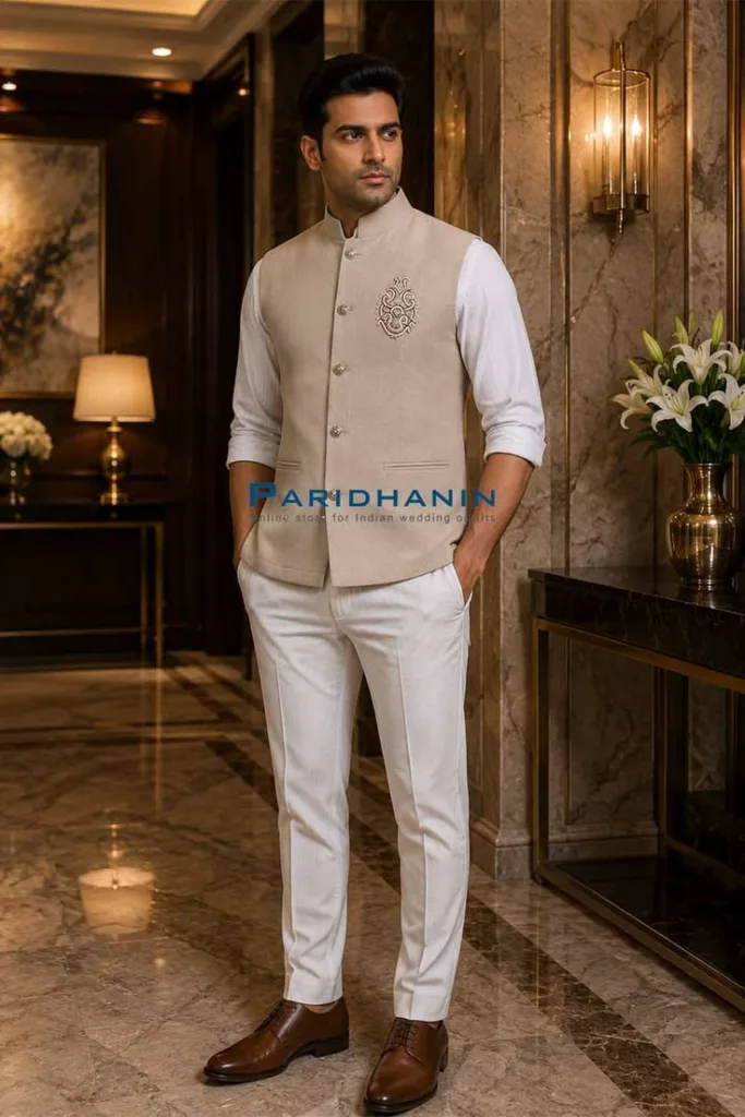 A man wearing a combination of shirt and Trouser with Linen Nehru Jacket