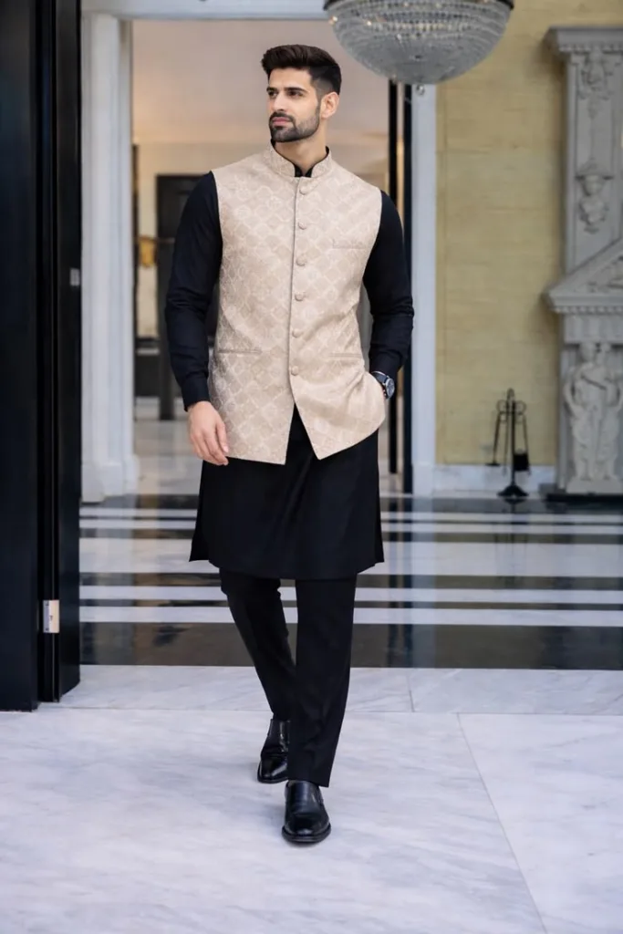 A man wearing a perfect blend of black colored Kurta with ream Nehru Jacket.