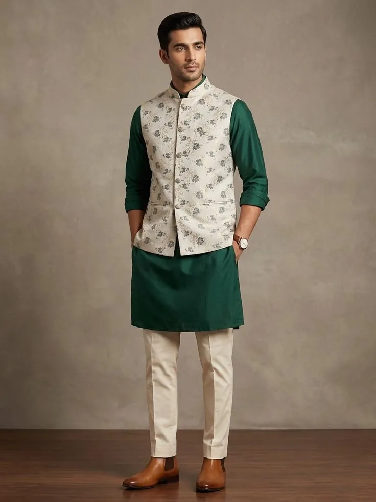 A man wearing a  blend of kurta pajama with a silk Nehru Jacket