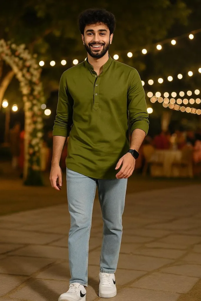 5 Trendy Ideas for Men's Short Kurta Every Man Should Know 2 5 Trendy Ideas for Men's Short Kurta Every Man Should Know A man wearing men's short kurta with jeans