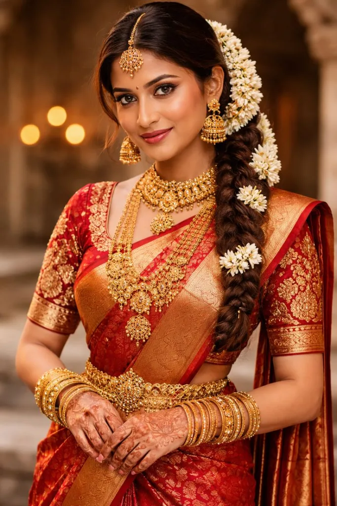 10 Wedding Saree Colors Decoded: What Works Best for Day and Evening Events 2 10 Wedding Saree Colors Decoded: What Works Best for Day and Evening Events Bride wearing a traditional red and gold silk saree with bridal jewellery and floral braid, showcasing timeless wedding saree colors.