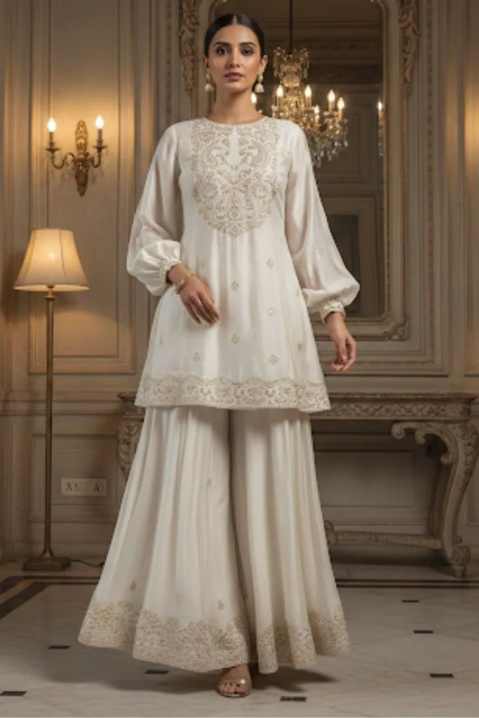 Elegant ivory embroidered sharara suit with a long embroidered kurta, wide-leg sharara pants, and full balloon sleeves, styled with statement earrings in a luxurious indoor setting.