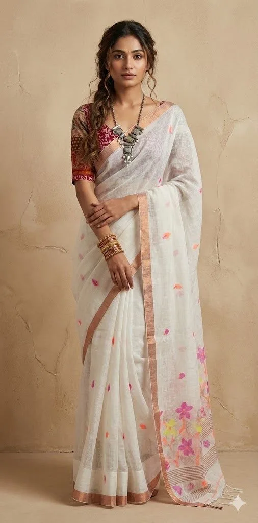 Woman wearing a white floral saree with a printed blouse and statement necklace, standing against a neutral background. This monsoon-friendly saree features a lightweight fabric with delicate floral accents, making it a comfortable choice for festive celebrations, office wear, and everyday ethnic style.