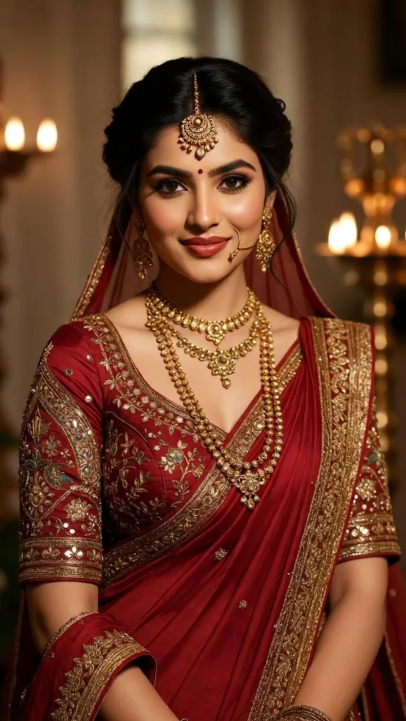 10 Wedding Saree Colors Decoded: What Works Best for Day and Evening Events 4 10 Wedding Saree Colors Decoded: What Works Best for Day and Evening Events Bride wearing a deep red saree with intricate gold embroidery and traditional jewellery, highlighting classic wedding saree colors for Indian brides.