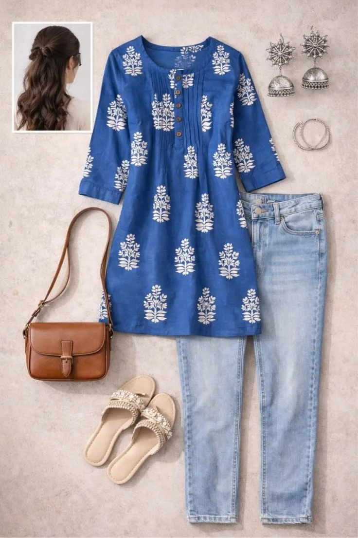 Styling a Short Kurti: 5 Mistakes To Avoid 3 Styling a Short Kurti: 5 Mistakes To Avoid Styling a short kurti with a royal blue printed cotton kurti paired with light-wash blue jeans, a tan crossbody bag, embellished flats, oxidized jhumkas, and hoop earrings for a casual chic ethnic wear look.