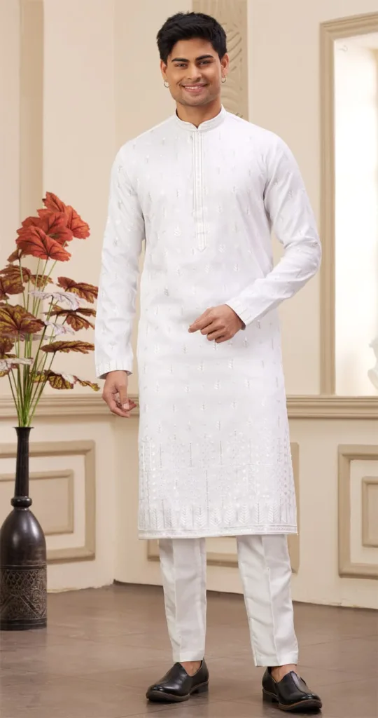 A man wearing a Silk Kurta Pajama, which is best for festive and weddings