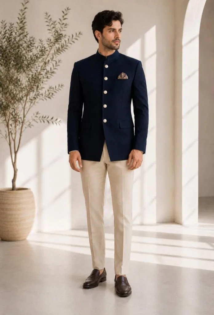A man wearing a navy blue Bandhgala suit with plain trousers.