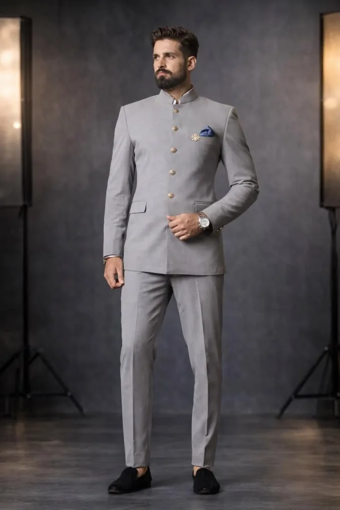 A man is looking classy, adding accessories with the bandhgala suit.