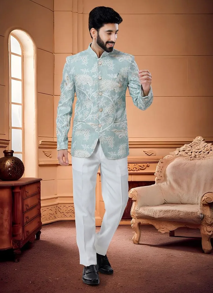 A man is wearing a printed light colored Bandhgala suit for a modern look.