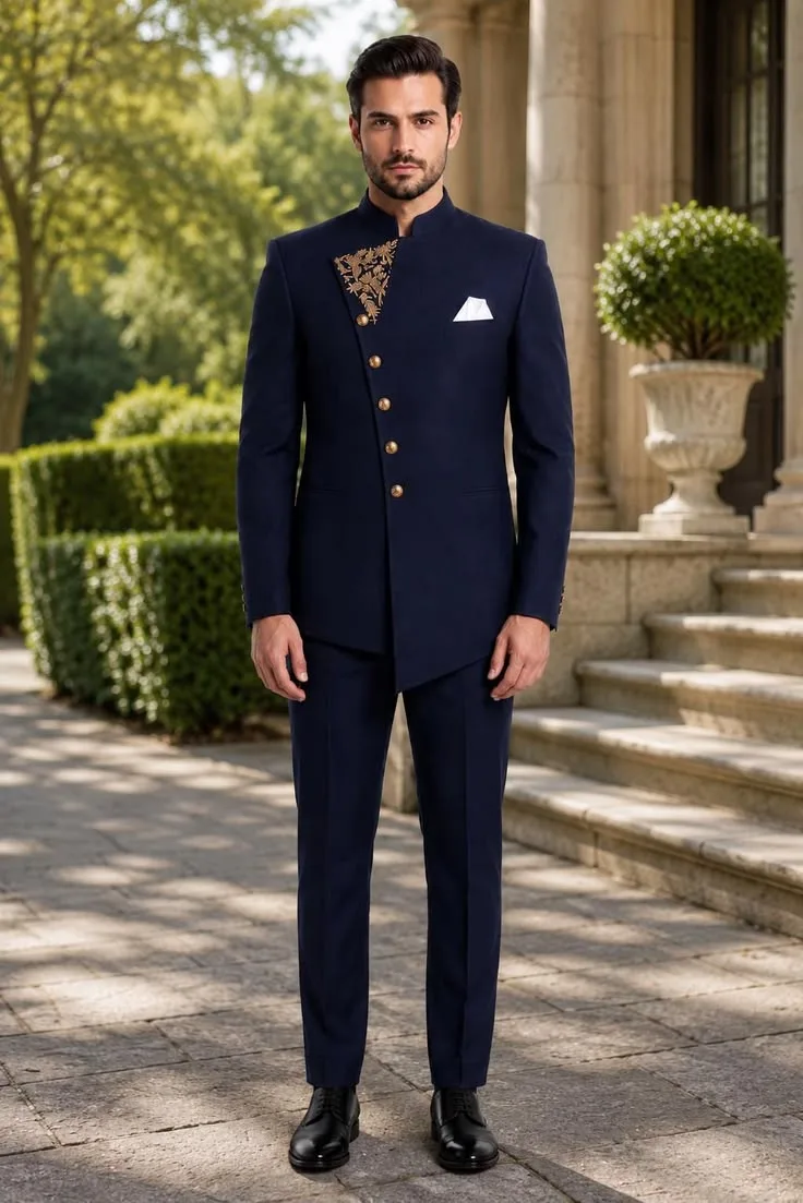 A man wearing a Bandhgala suit with matching trousers.