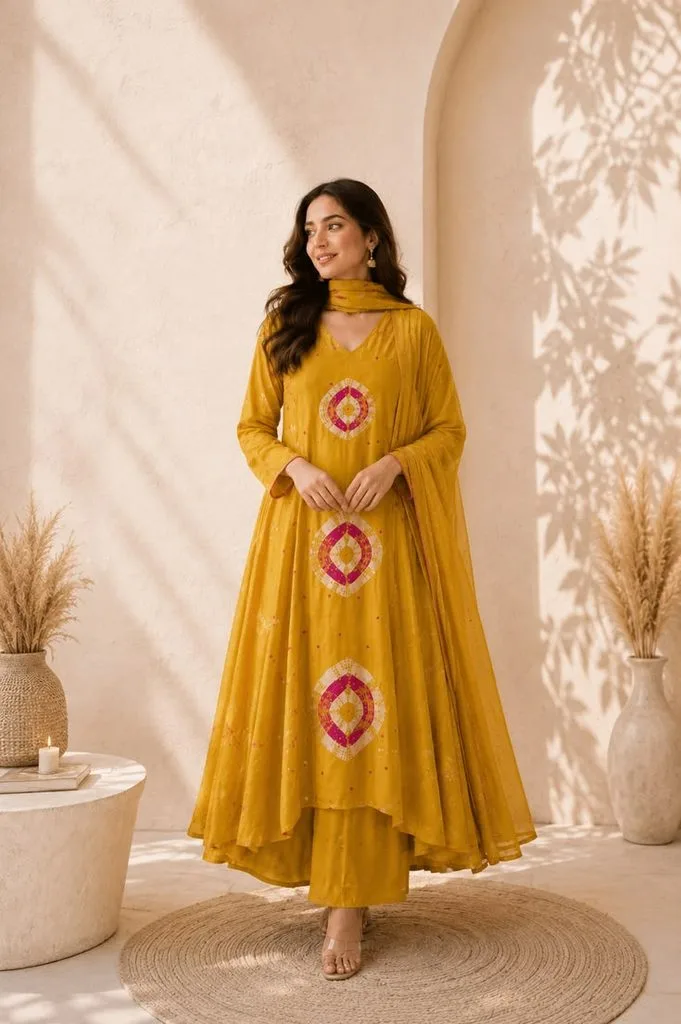 Raksha Bandhan 2026 Style Guide: Dress Up, Feel Good & Celebrate in Style 3 Raksha Bandhan 2026 Style Guide: Dress Up, Feel Good & Celebrate in Style A woman wearing a mustard-yellow ethnic kurta set with a flowing dupatta and geometric pink-and-white patterns, standing in a warm, elegant indoor setting.