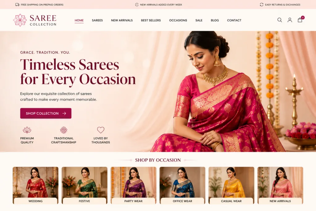 Elegant saree collection website featuring a woman in a pink silk saree, with navigation for sarees, new arrivals, best sellers and occasions, plus collections for wedding, festive, party, office, casual wear and new arrivals