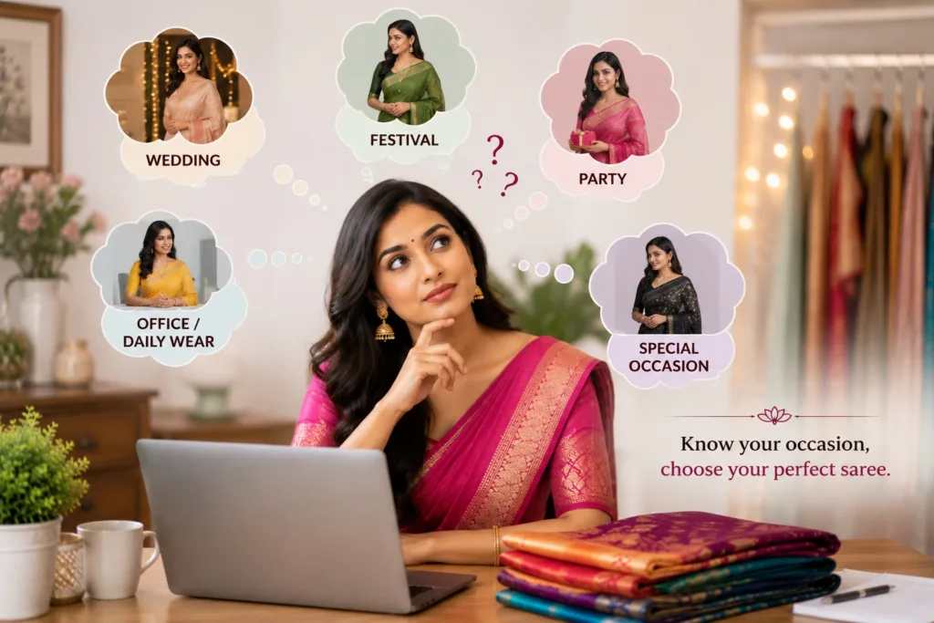 Indian woman in a pink saree choosing the perfect saree for different occasions, with options shown for wedding, festival, party, office or daily wear, and special occasions.
