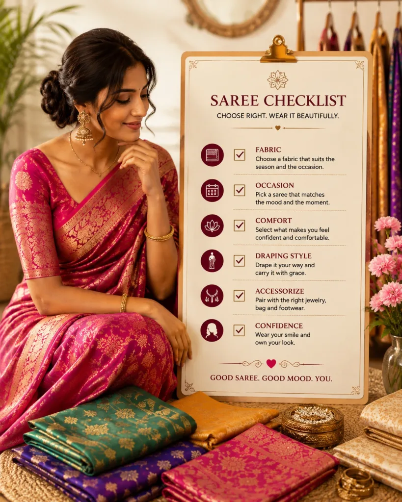 Elegant Indian woman in a pink and gold saree sits beside a saree checklist displaying tips for choosing fabric, occasion, comfort, draping style, accessories, and confidence, surrounded by colorful folded sarees and traditional décor.