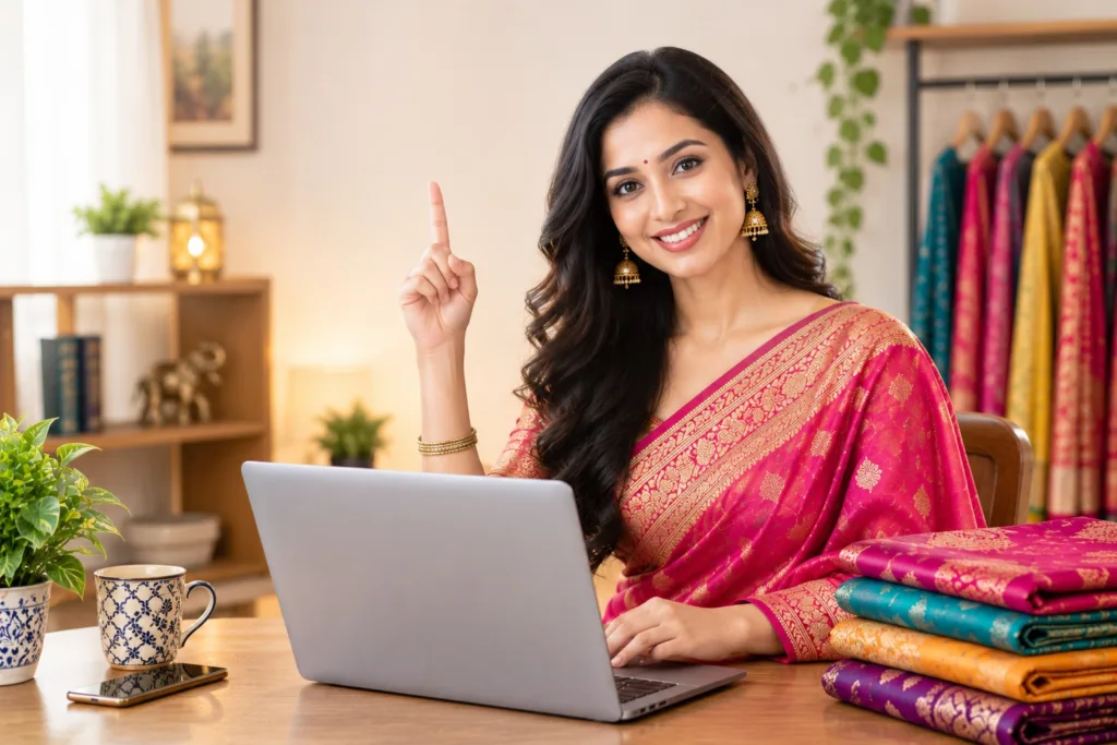 Smiling woman in a pink saree pointing upward while shopping online with a laptop.