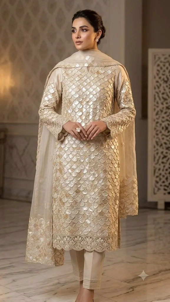 Elegant woman wearing a cream-and-gold embroidered Indian kurta with matching trousers and a sheer, embellished dupatta with sequin work.