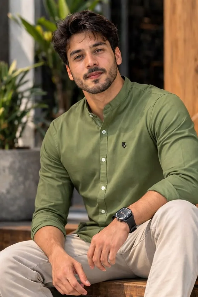 This is a picture of a young handsome man wearing a parrot green shirt with white pants perfect for Durga Puja daytime celebrations. 