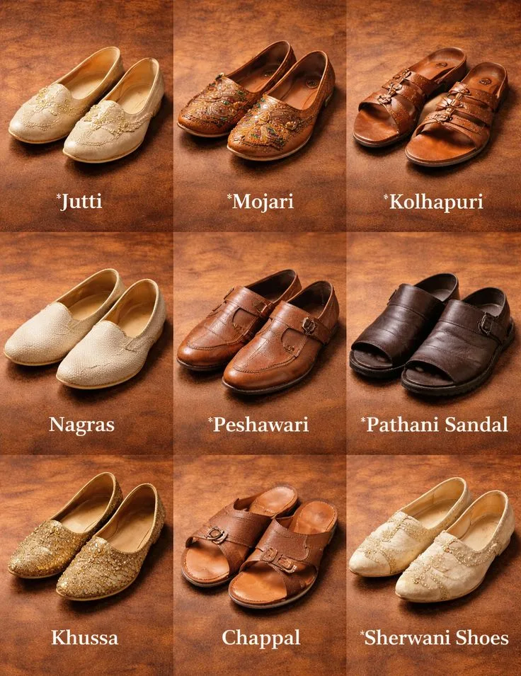 This is an image with some of the most popular footwear men can choose for your Durga Puja attire 