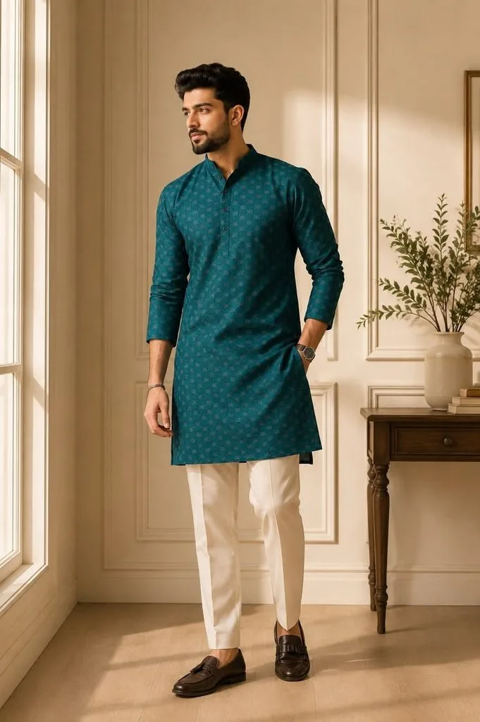 Picture of a young bearded man wearing a classic teal blue kurta with white pajamas